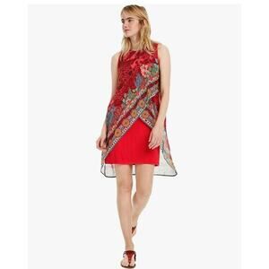 DESIGUAL Red Floral Layered Dress Boho Size 42 Size M 8 10